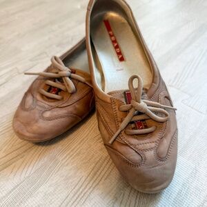 PRADA Loafers, slip-on driving shoes, tan/taupe leather